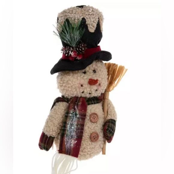 Plush Snowman Holding Broom Festive Snowman Holiday Decoration - Picture 3 of 4